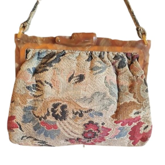 1930s Vintage Floral Tapestry Fabric Tote Style Handbag With Early Plastic Frame - Picture 2 of 8
